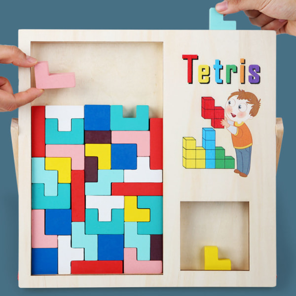 Träkubstaplingsspel med flerfärgade tegelstenar Tetris-leksaker default