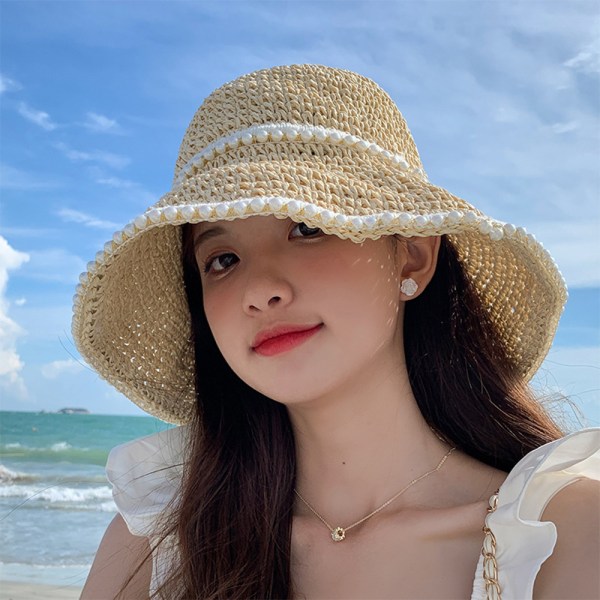 Dam pärlor vävd halmhatt Summer Sunshade Fisherman Hat för strandsemester beige