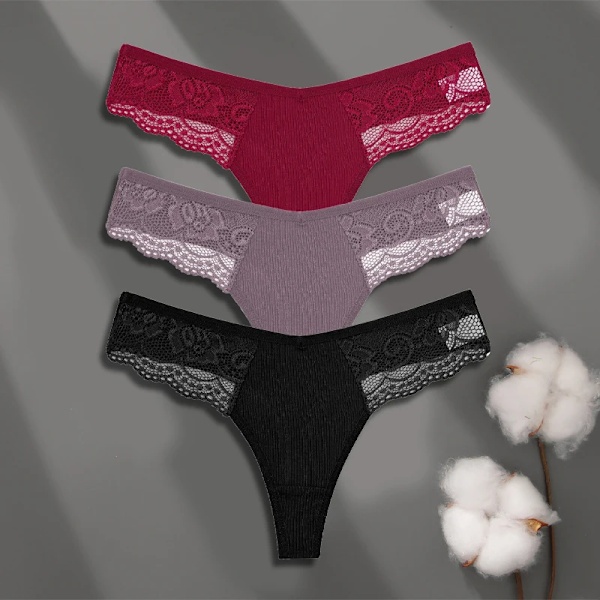 FINETOO 3-pack Dam Trosor i Bomull Spets Tanga Sexiga Enfärgade Låg Midja Bikini Underkläder Damer Andningsbara G-string Underkläder SET 2 M