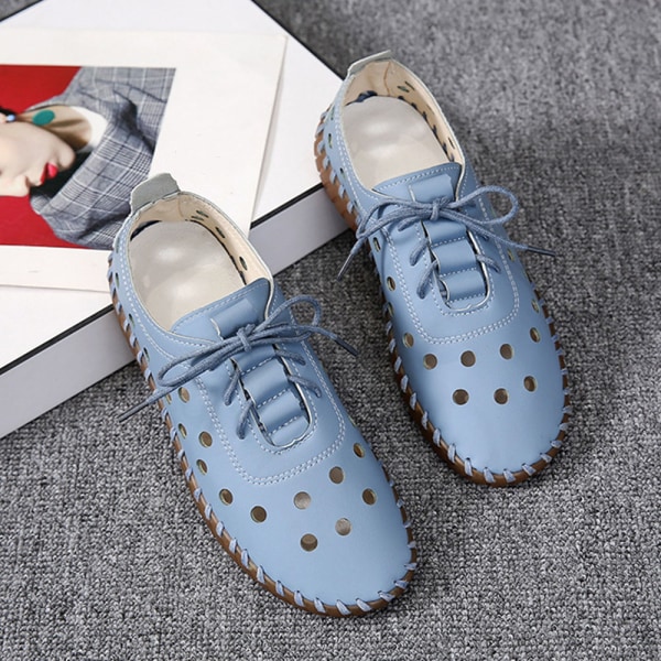 Kvinnors Flats Hollow Lace Up Tjock sula Hål Skor sömmar Runt Head Loafers blue 36