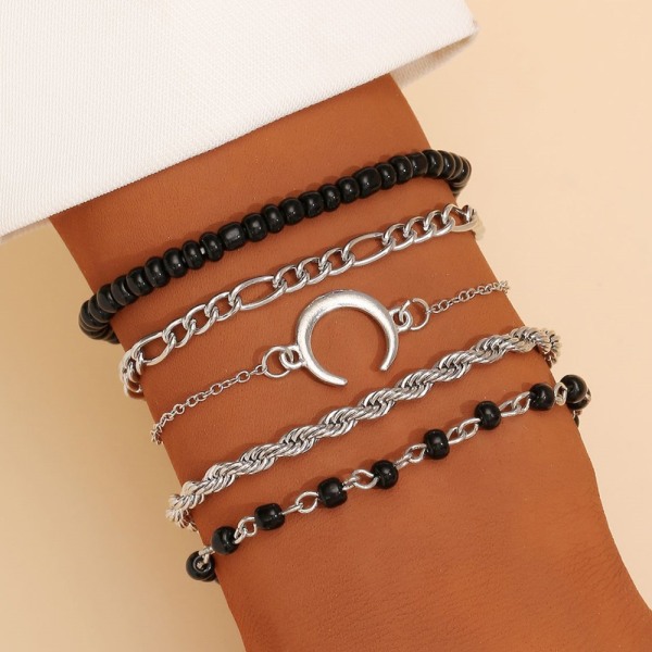 5st Moon Armband Hand Chain Justerbale Vintage Simple Multi-layer Beaded Armband Gift white k black beads