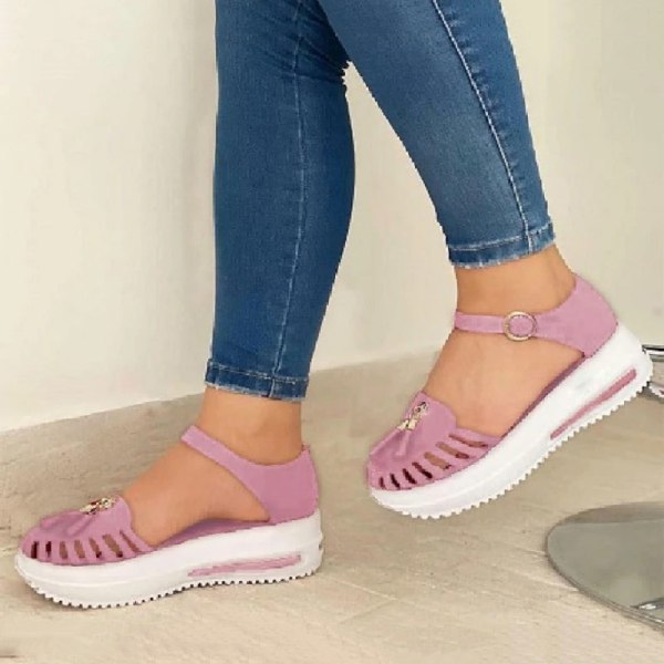 Sommar Platform Sandaler Dam Skor Rund Toe Strand Platta Sandaler Hollow Out Spänne Strap Damer pink 42