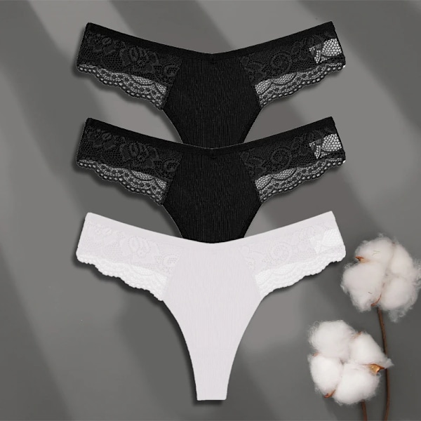 FINETOO 3-pack Dam Trosor i Bomull Spets Tanga Sexiga Enfärgade Låg Midja Bikini Underkläder Damer Andningsbara G-string Underkläder SET 10 XL