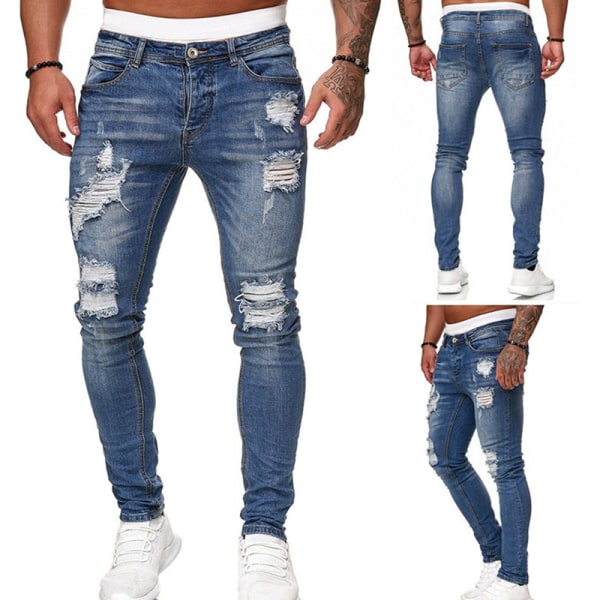 Skinny Jeans för män Pencil Byxor Motorcykel Party Casual Byxor Streetwear Cowboy light blue l