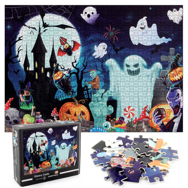 1000 bitar Halloween pussel Dark Style Ghost Haunted Castle Rektangulär black