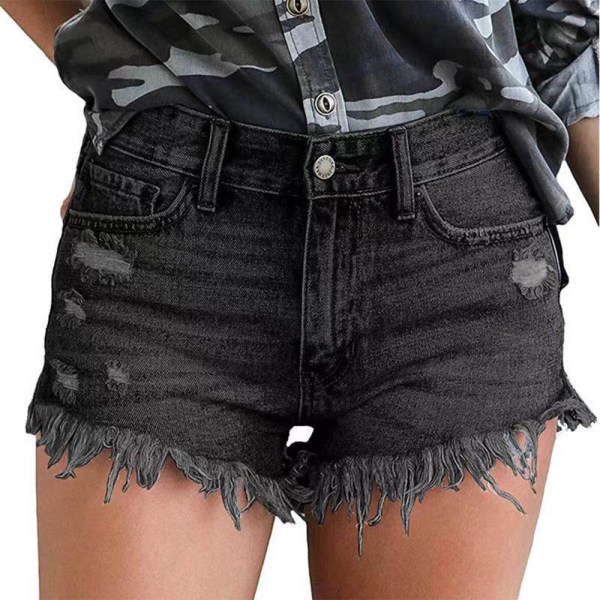 Jeansshorts för kvinnor med mitten av midjan Ripped Raw Hem Jeans Shorts för sommaren black 2xl