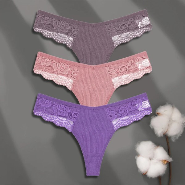 FINETOO 3-pack Dam Trosor i Bomull Spets Tanga Sexiga Enfärgade Låg Midja Bikini Underkläder Damer Andningsbara G-string Underkläder SET 16 M
