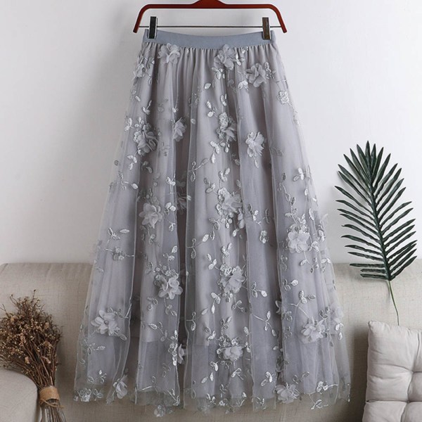 Kvinnor hög midja kjol dubbla lager mesh broderi blomma lår lång kjol gray one size