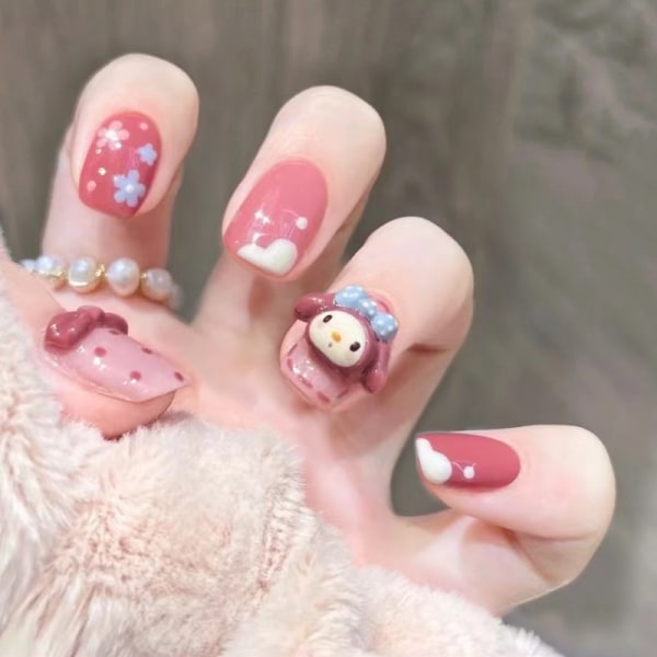 Set med 24 Stick on Nail Piece My Melody Korta akrylnaglar med lim 3D Cartoon default