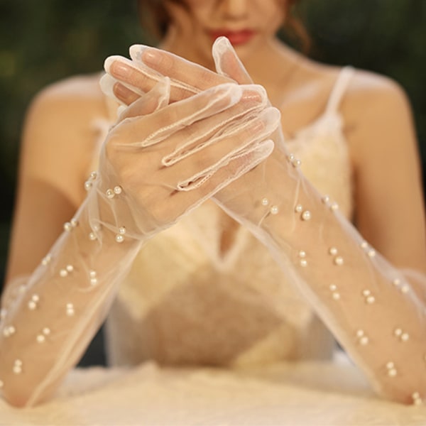Bridal Sheer Tylls Handske Vintage Pearl Long Lace Bröllopshandske för kvinnor pearls have fingers