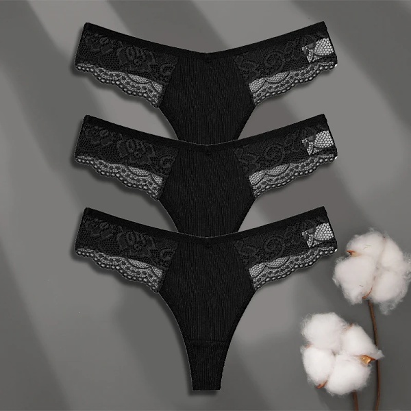 FINETOO 3-pack Dam Trosor i Bomull Spets Tanga Sexiga Enfärgade Låg Midja Bikini Underkläder Damer Andningsbara G-string Underkläder SET 8 M