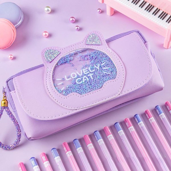 Tecknad kvicksand pennväska för flickor Flerfunktions brevpapperslåda med stor kapacitet för grundskoleelever cat purple
