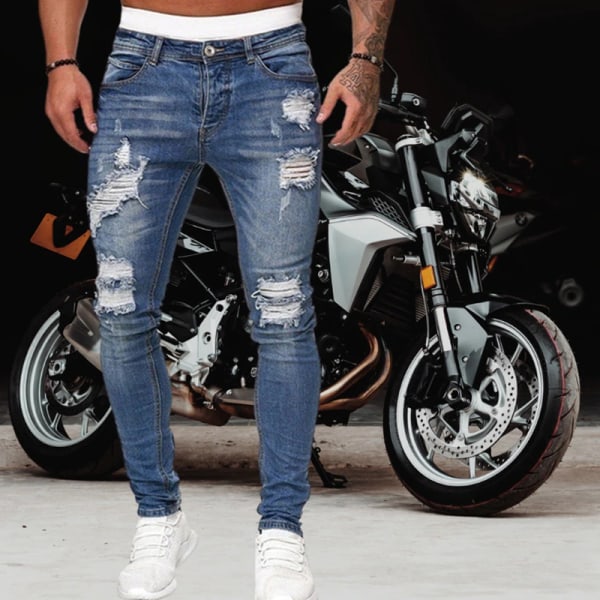 Skinny Jeans för män Pencil Byxor Motorcykel Party Casual Byxor Streetwear Cowboy light blue l