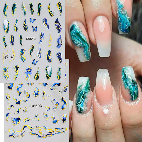 12/6/4 st Marmor 3D Nagelsticker Bronzing Våglinjer Bläck Blomstrande Sliders Blommor Fjäril Självhäftande Dekaler Manikyr Dekoration NLS286-S1-03(12pcs)