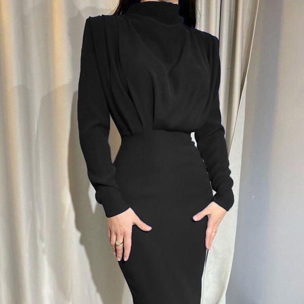 Långärmad klänning med crewneck temperament och midja med knäppning Lämplig för kvinnor Casual black 2xl