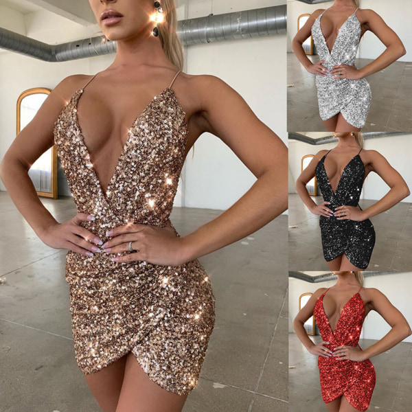 Dampaljett Cocktailklänning V-hals Mode Glitter Spaghetti Strap Bodycon Festklänning black xxl