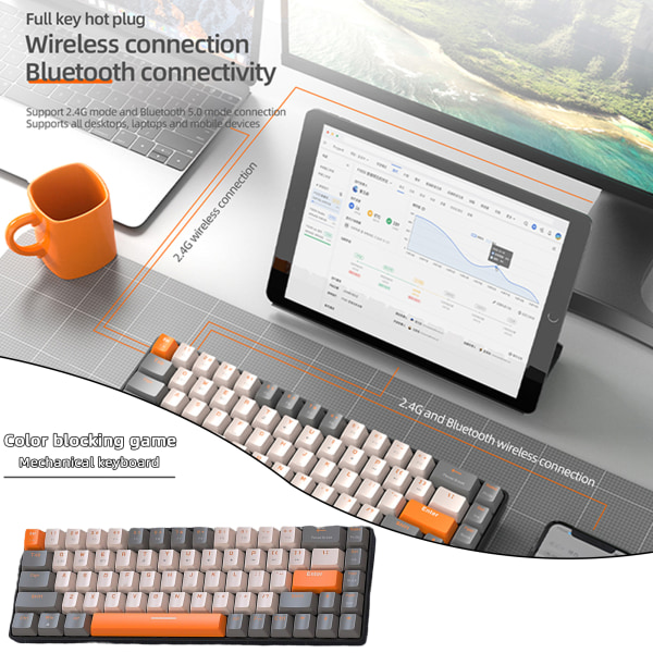 2-läges Bluetooth-kompatibelt mekaniskt tangentbord Stänkbeständigt tyst tangentbord för PC bärbara datorer Tabletter gray white