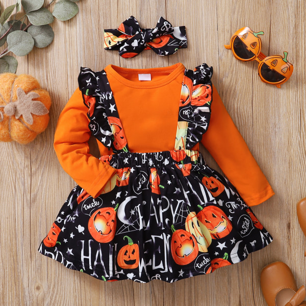 Halloween Ruffle långärmad tröja | Förtjusande Halloween-dräkt för nyfödd flicka | Rufsig långärmad pumpa Print Drop Jumpsuit 100