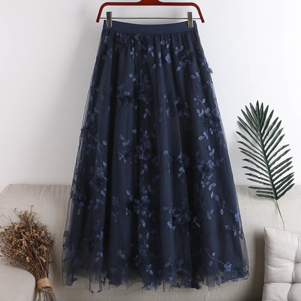 Kvinnor hög midja kjol dubbla lager mesh broderi blomma lår lång kjol dark blue one size