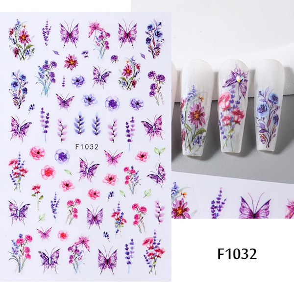 Lila Blomma 3D Nagelstickers Akvarell Spets Vita Blommor Holografiska Löv Vatten Dekaler För Nagelkonst Manikyr Dekoration F1032
