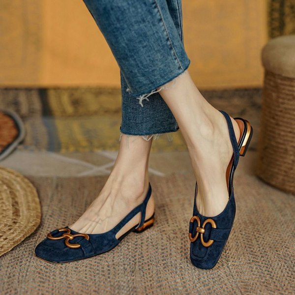 Franska retro sandaler Dressy rund tå sandaler kvinnors sommar platt klack Casual sandaler dark blue suede 36