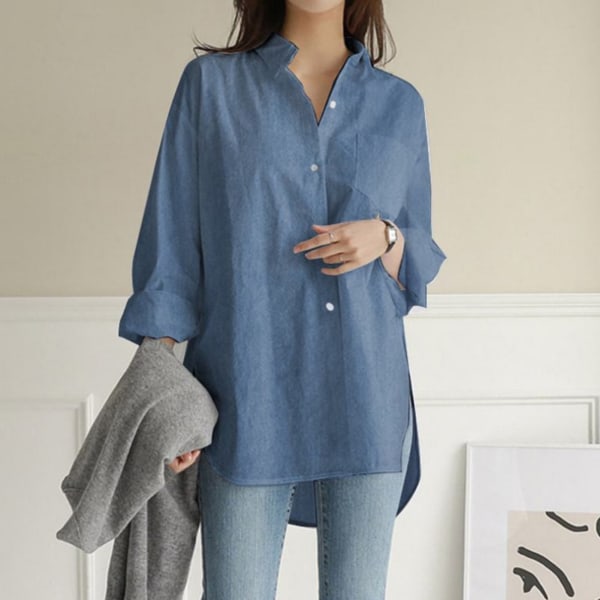 Casual långärmad tröja för kvinnor i enfärgad lös lapelskjorta för pendling och fritid light blue 2xl