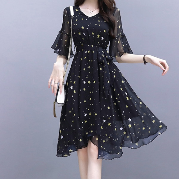 Summer Star Dress Korean Style Rund Neck Black Puff Half Sleeve Plus Size Kjol För blue l