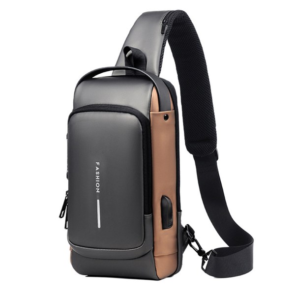 USB Charging Sport Sling Bag Stöldskyddsväska för hane med lösenordslås grey brown