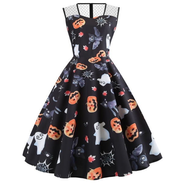 Kvinnor Halloween Print Stitching Klänning Ärmlös Stor Swing Dress Party Nytt xl