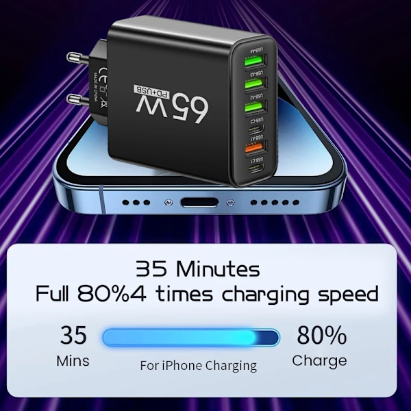 USB C Laddare Totalt 65W Multi 6 Portar Snabbladdning QC3.0 Typ C Mobiltelefon Väggadapter för iPhone 15 Pro Max Xiaomi Samsung White EU