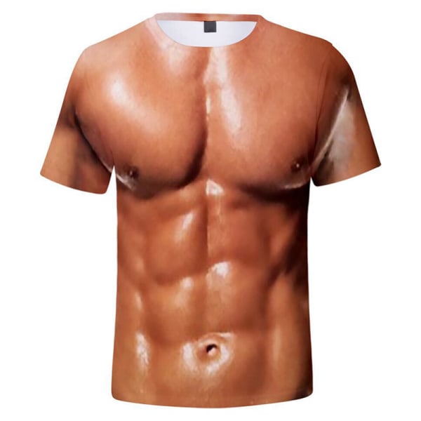 3D T-shirt herr Bodybuilding simulerad muskelskjorta med naken hud bröstmuskler kortärmad 2xl