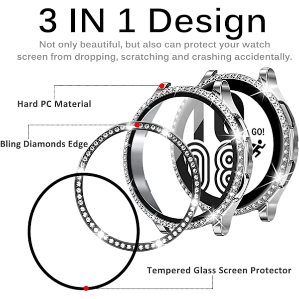 Glas+Fodral för Samsung Galaxy Watch 4 44mm 40mm Tillbehör Bling Diamant PC stötfångare Skal +Skärmskydd Galaxy Watch 4 skydd rose gold Galaxy watch 4 44mm