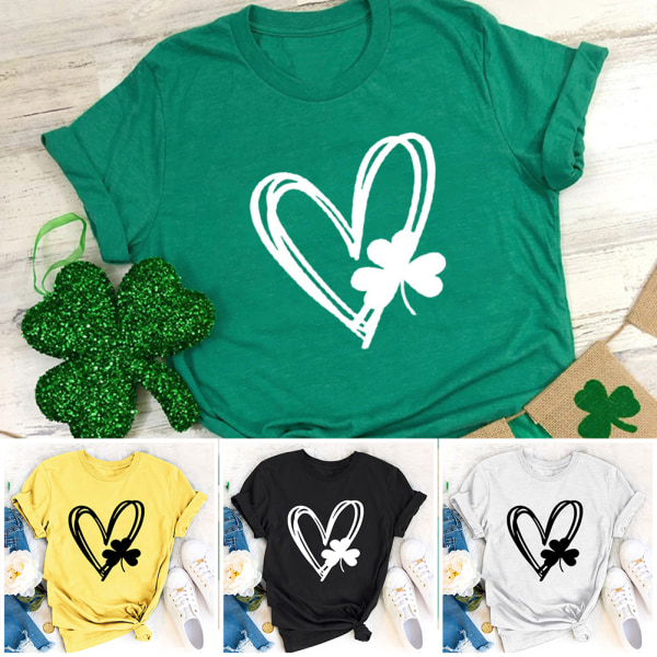 Fashion Heart Clovers Printing Korta ärmar Bekväm ventilerande skjorta Topp för kvinnor Flickor Kvinnliga black xl