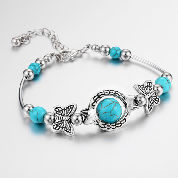 Kvinnor Vintage Boho Style Armband Butterfly Rund Blå Sten Pärlor Dekor Smycken default