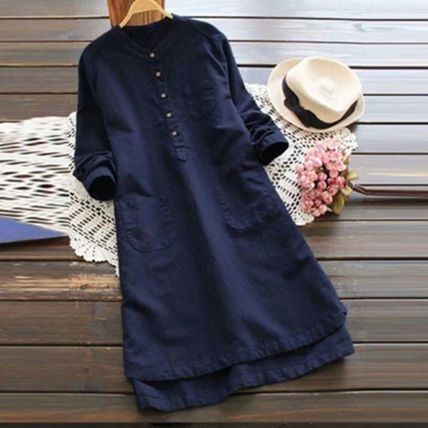 Lös lång skjorta för kvinnor Lång skjorta i bomull linne Lös med ficka för hemmakontorskläder 5xl navy blue