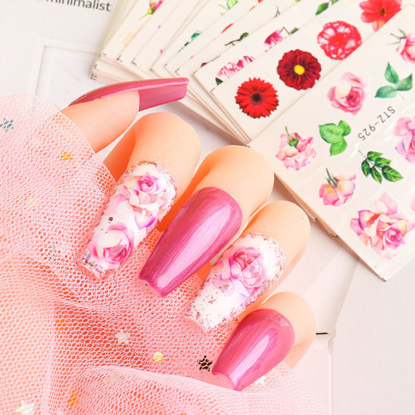 Färgglada blommor Nail Art Stickers Vattenstämpel Gör-det-själv-manikyrdekoration Fantastiska presenter för kvinnor 25