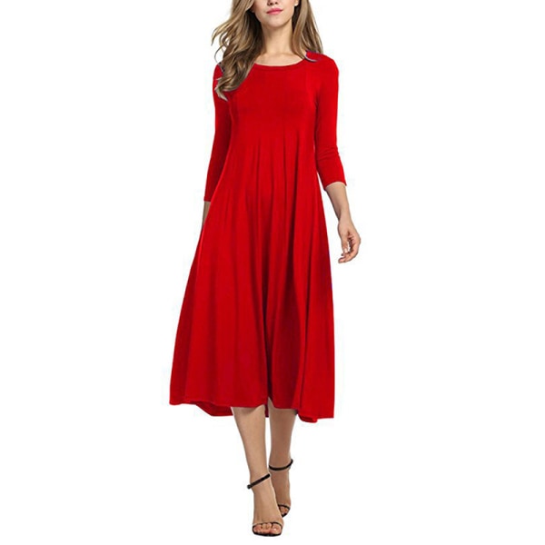 Womens Holiday Casual Swing Dress 3/4 ärm Crew Neck Lång Maxiklänning Enfärgad red m