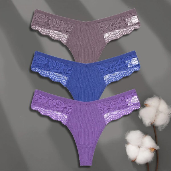 FINETOO 3-pack Dam Trosor i Bomull Spets Tanga Sexiga Enfärgade Låg Midja Bikini Underkläder Damer Andningsbara G-string Underkläder SET 4 XL