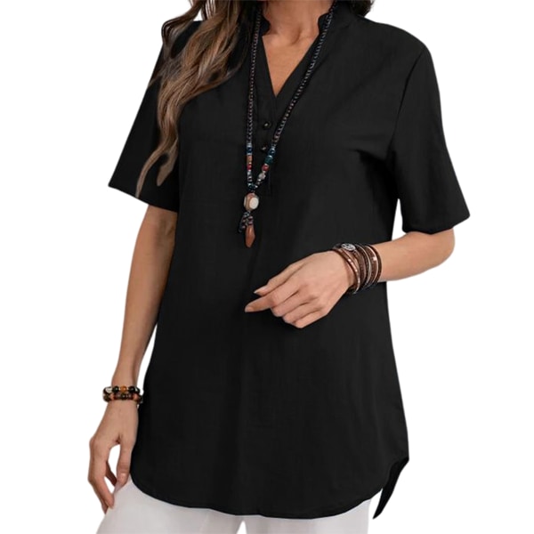 Mode kortärmad skjorta för kvinnor Lätt tunn ventilerande blus Enfärgade skjortor med knappar black l