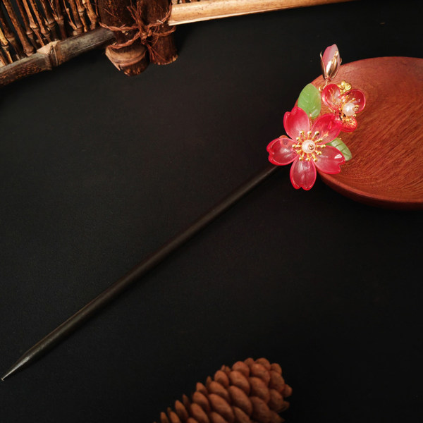 Hair Stick Hairstyle Design Tool Sweet Sakura Wooden Retro Hair Chopsticks for Cheongsam Han Clothes Dress pale pink