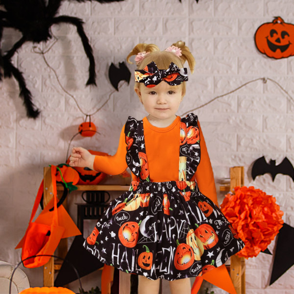 Halloween Ruffle långärmad tröja | Förtjusande Halloween-dräkt för nyfödd flicka | Rufsig långärmad pumpa Print Drop Jumpsuit 80