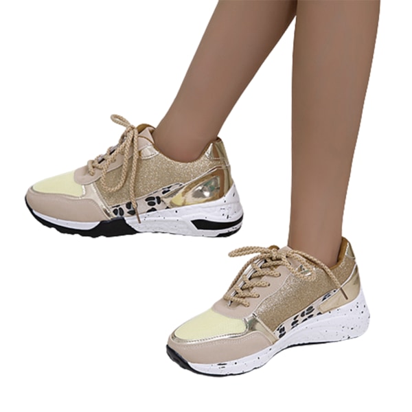 Platta plattformsskor för kvinna med glitter med snörning av PU-sneakers för dagligt kontor gold 39