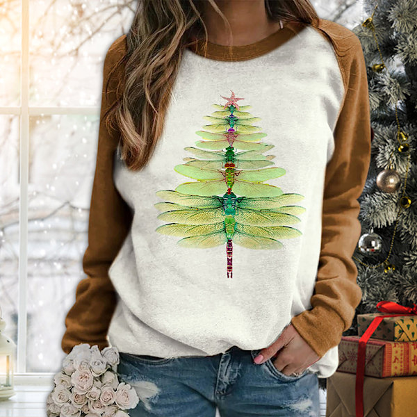 Dragonfly Christmas Tree Print Sweatshirt Långärmad Casual Top Women green 4xl