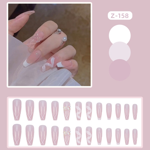 24ST Lång falsk nagel Ljusrosa fluga Hållbar fingernagel Bärbar för kvinnor jelly glue model