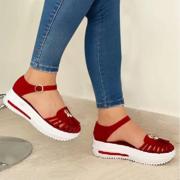 Sommar Platform Sandaler Dam Skor Rund Toe Strand Platta Sandaler Hollow Out Spänne Strap Damer red 39