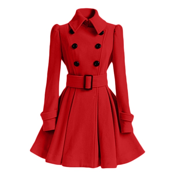 Kvinnors vinterkappor Dubbelknäppt elegant vintage mode filt trenchcoat red xl