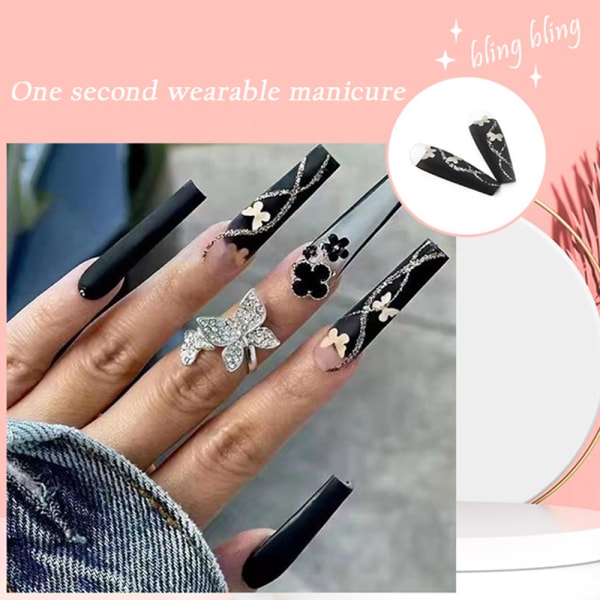 24ST Lång falsk nagel Svart glänsande fjärilsfingernagel bärbar för kvinnor glue models