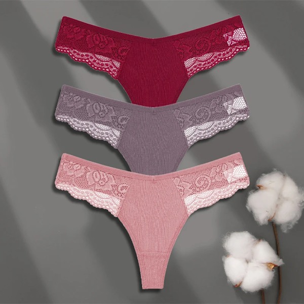 FINETOO 3-pack Dam Trosor i Bomull Spets Tanga Sexiga Enfärgade Låg Midja Bikini Underkläder Damer Andningsbara G-string Underkläder SET 12 S