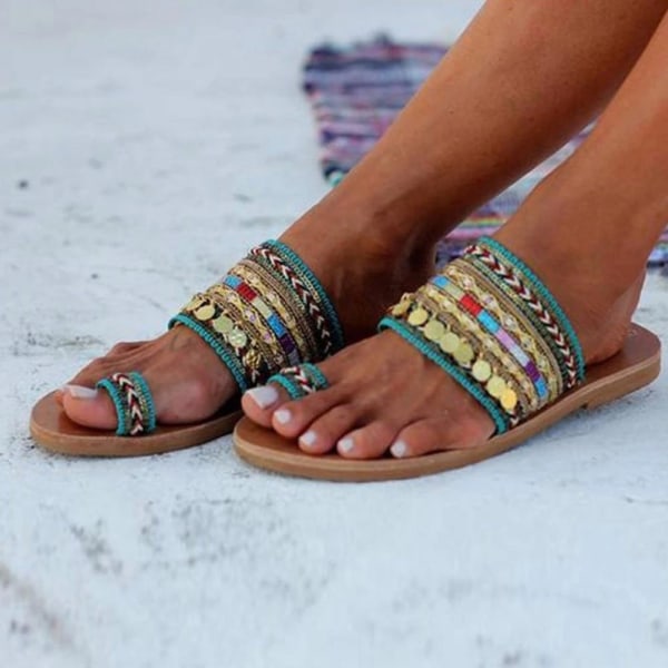 Vera Sandaler Handgjorda öppen tå Etnisk stil Platta sandaler Dam Casual Skor Tofflor 37