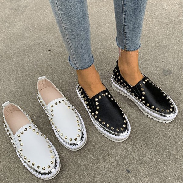 Slip on Studded Pumps Loafers Plimsolls Casual Flat Sneakers Snygga skor white 40